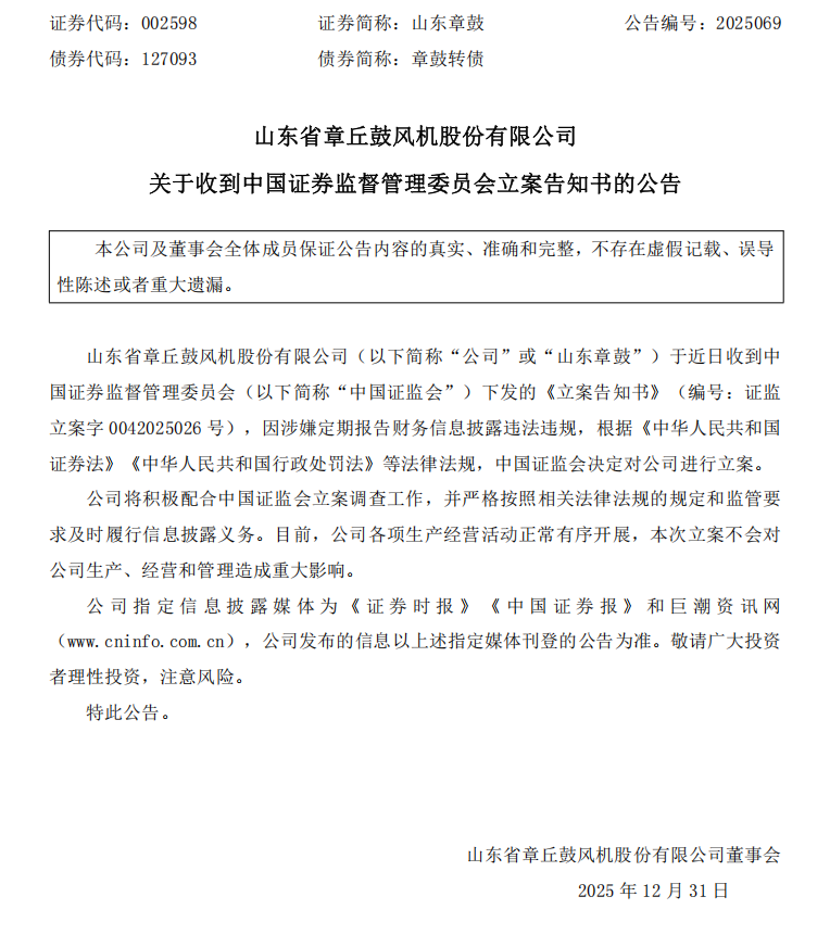 山东章鼓：关于收到中国证券监督管理委员会立案告知书的公告.png