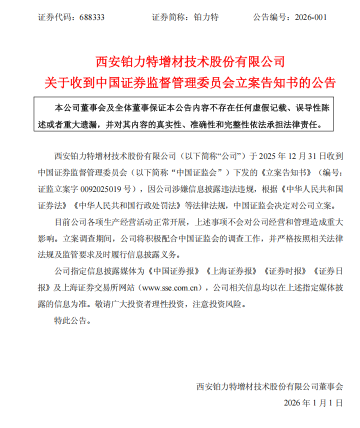 铂力特：西安铂力特增材技术股份有限公司关于收到中国证券监督管理委员会立案告知书的公告.png