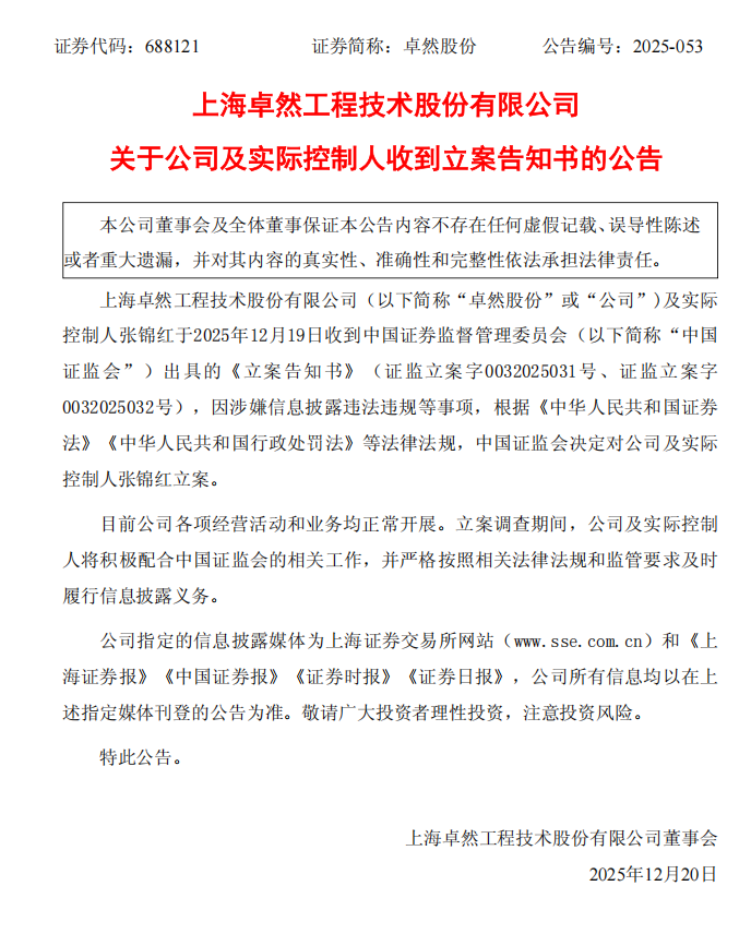 卓然股份：关于公司及实际控制人收到立案告知书的公告.png