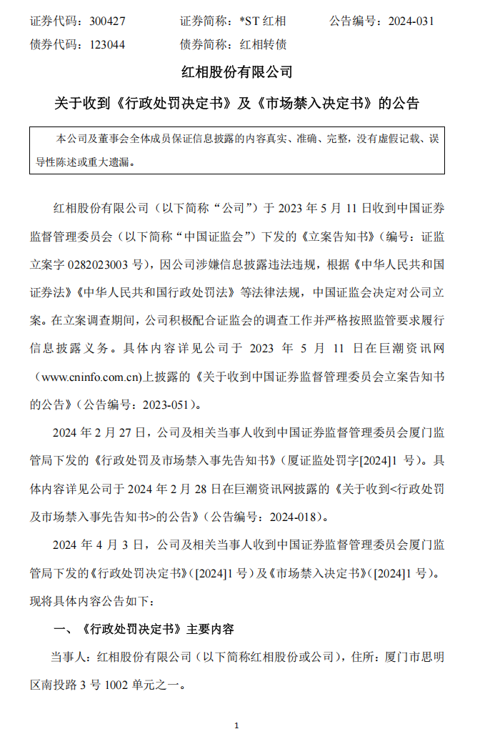 _ST红相：关于收到《行政处罚决定书》及《市场禁入决定书》的公告1.png