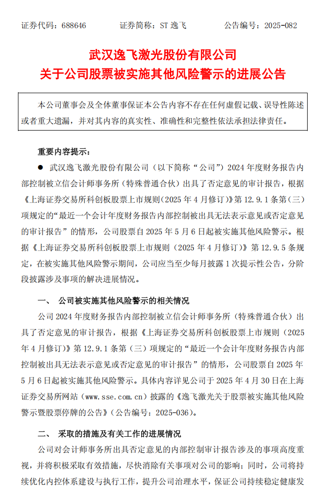 ST逸飞：逸飞激光关于公司股票被实施其他风险警示的进展公告1.png