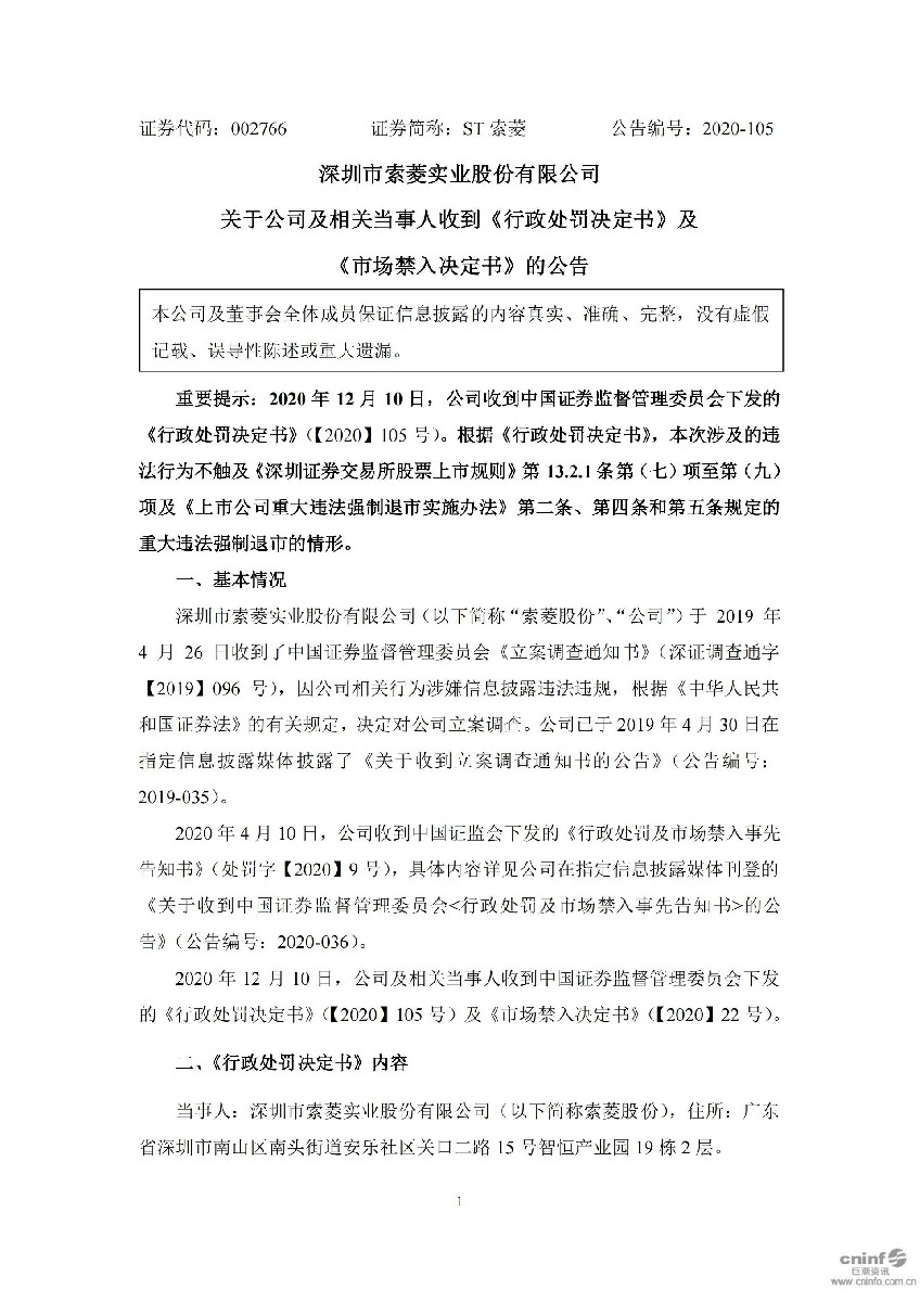 ST索菱：关于公司及相关当事人收到《行政处罚决定书》及《市场禁入决定书》的公告_01.jpg