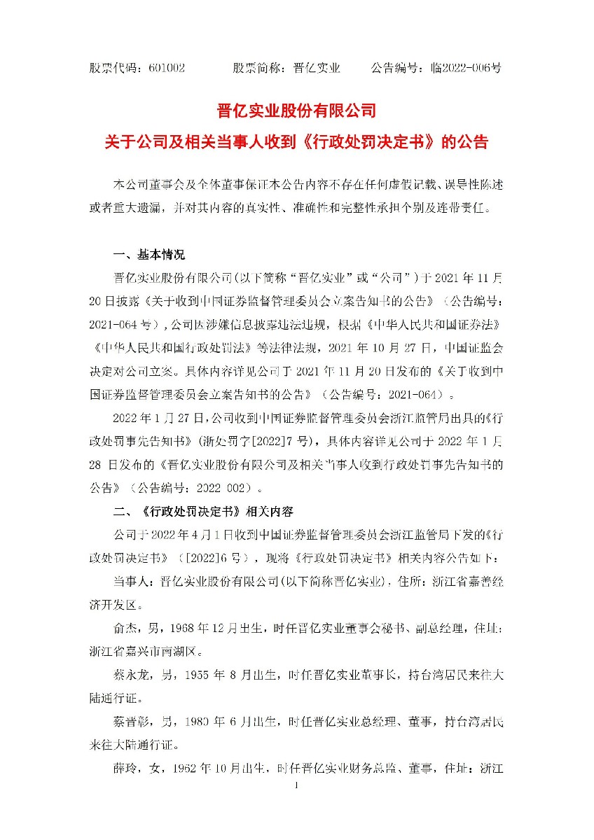 晋亿实业：晋亿实业股份有限公司关于公司及相关当事人收到《行政处罚决定书》的公告_01.jpg