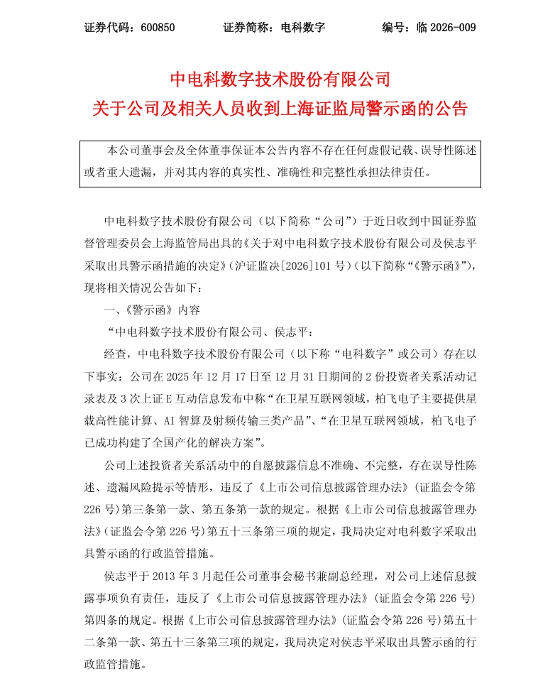 【警示函】电科数字收到上海证监局警示函的公告（2026/4/4）