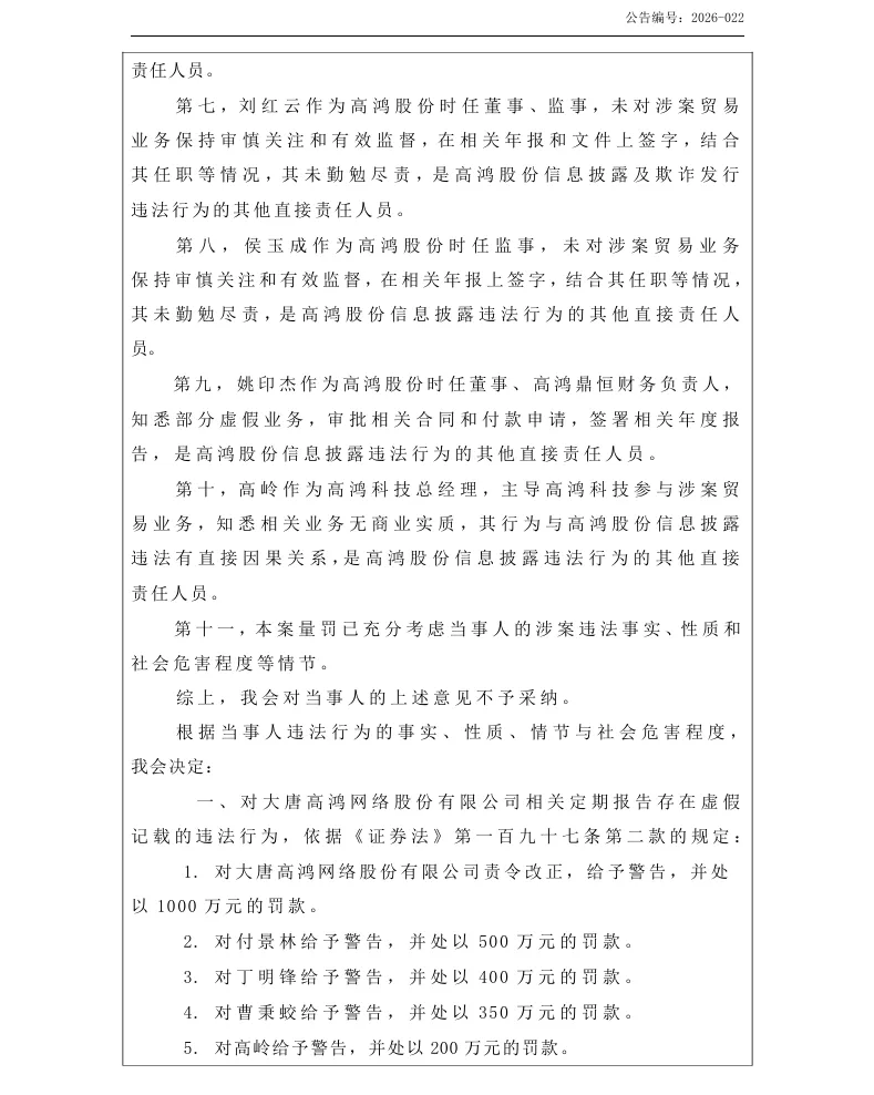 【正式处罚】ST高鸿收到《行政处罚决定书》的公告（2026/4/17）