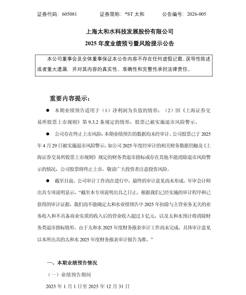 【业绩预亏】ST太和2025年度业绩预亏暨风险提示公告（2026/1/30）