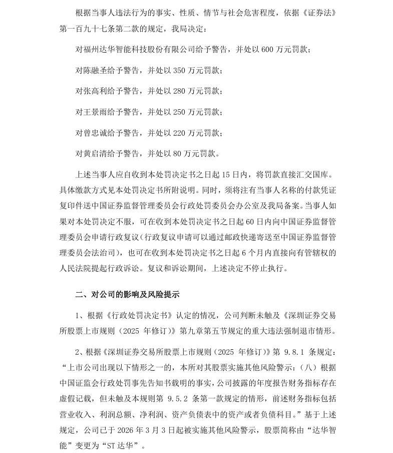 【正式处罚】ST达华收到《行政处罚决定书》的公告（2026/4/25）