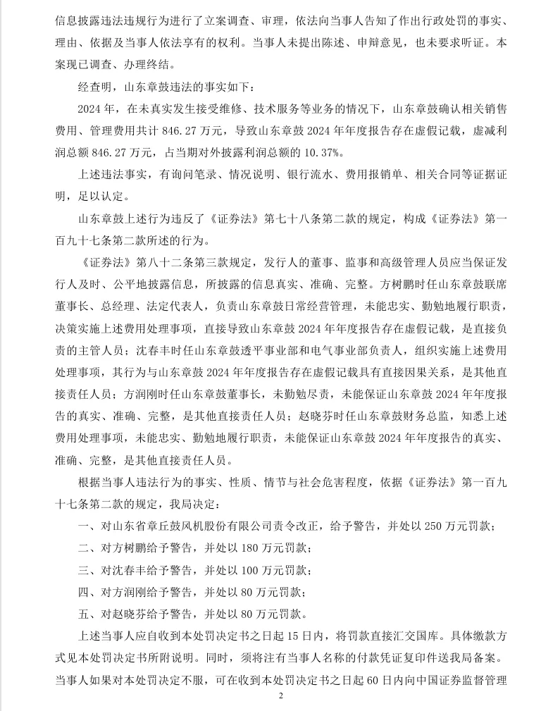 【正式处罚】ST章鼓收到《行政处罚决定书》的公告（2026/4/25）