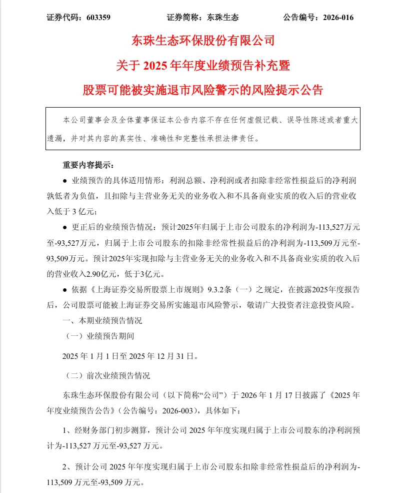【自查公告】东珠生态2025年度业绩预告补充暨可能被实施退市风险警示的风险提示公告（2026/4/25）