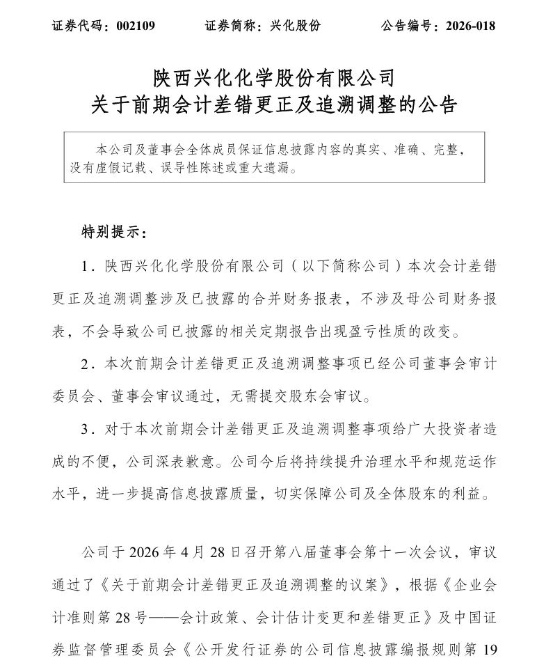 【会计差错更正】兴化股份会计差错更正及追溯调整的公告（2026/4/30）