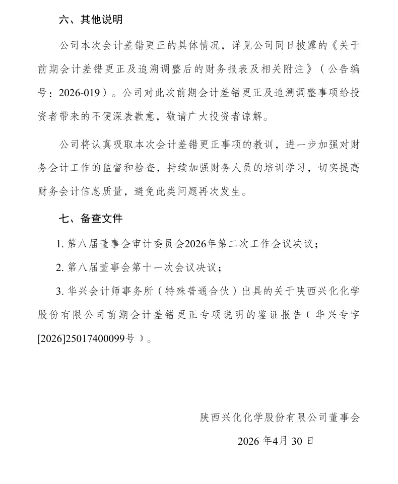 【会计差错更正】兴化股份会计差错更正及追溯调整的公告（2026/4/30）