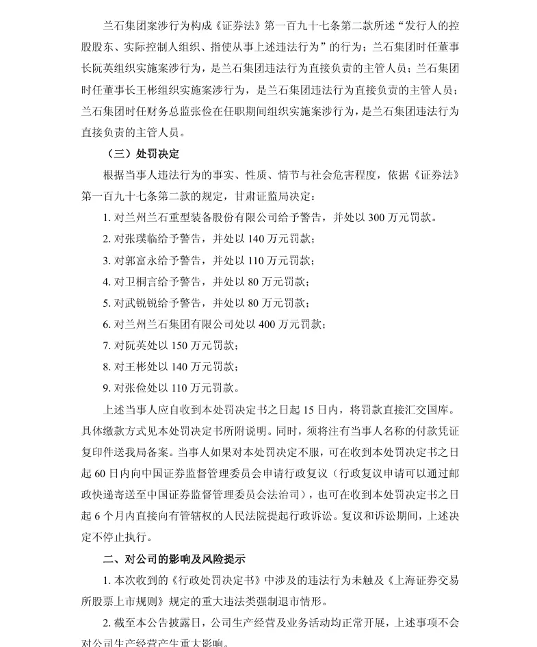 【正式处罚】兰石重装收到《行政处罚决定书》的公告（2026/5/1）