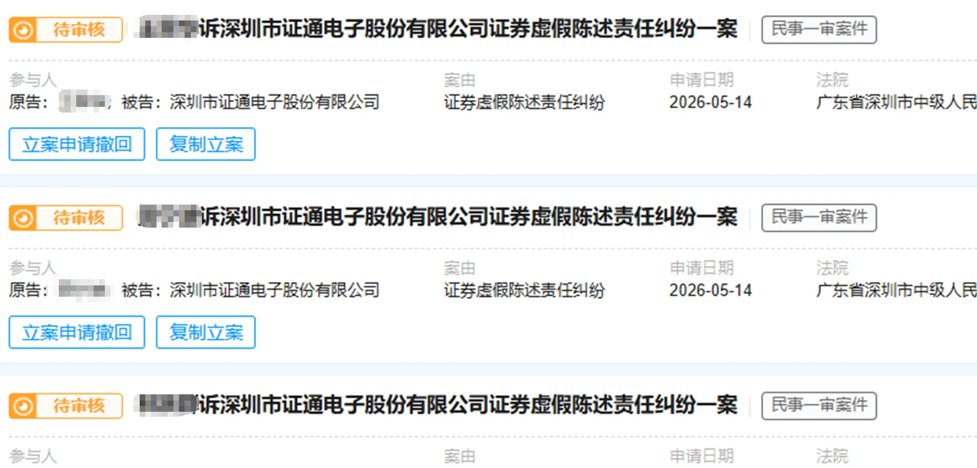 【ST证通】2026/5/14新增10人提交至深圳中院立案（截取部分）