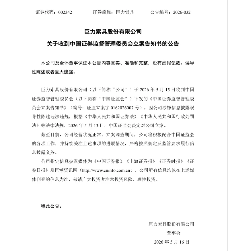【立案】巨力索具收到中国证监会立案告知书的公告（2026/5/16）