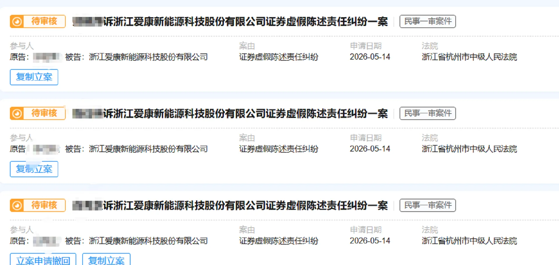【ST爱康】2026/5/15新增25人提交至杭州中院立案（截取部分）