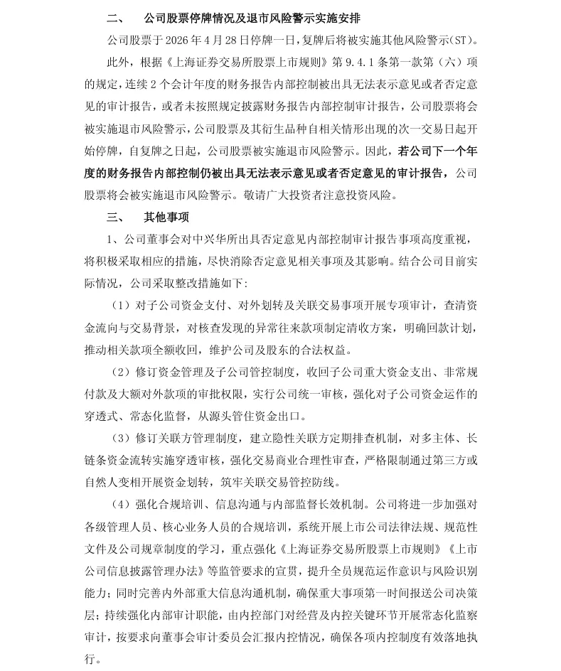 【风险警示】中路股份股票可能被实施退市风险警示的风险提示公告（2026/4/29）