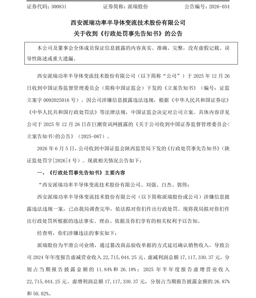 【处罚事先告知】派瑞股份收到《行政处罚事先告知书》的公告（2026/6/6）