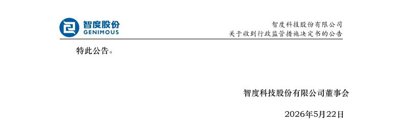【行政监管措施】智度股份收到行政监管措施决定书的公告（2026/5/22）