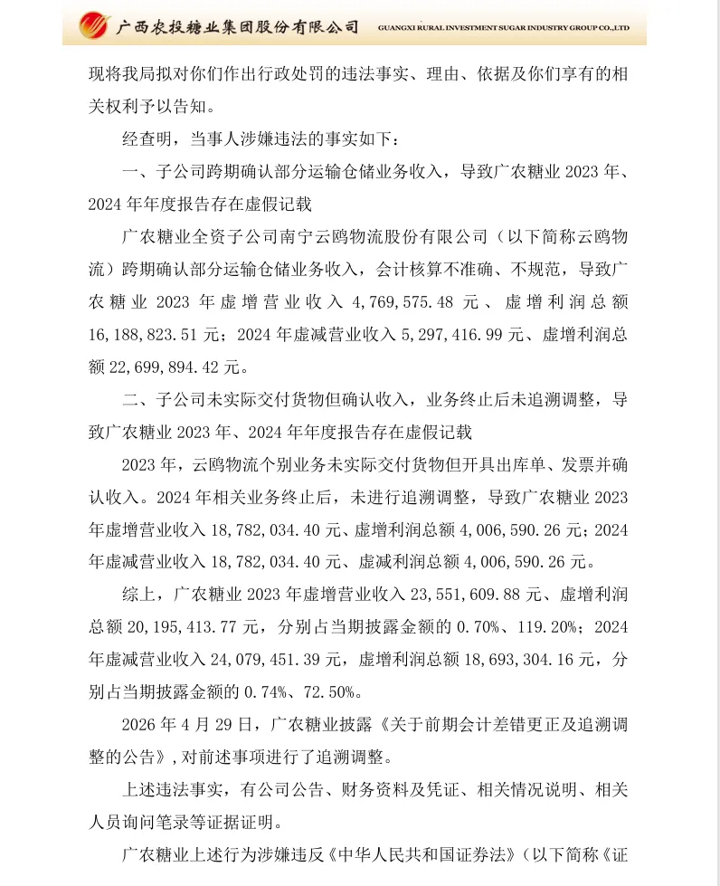 【处罚事先告知】*ST广糖收到《行政处罚事先告知书》的公告（2026/7/18）