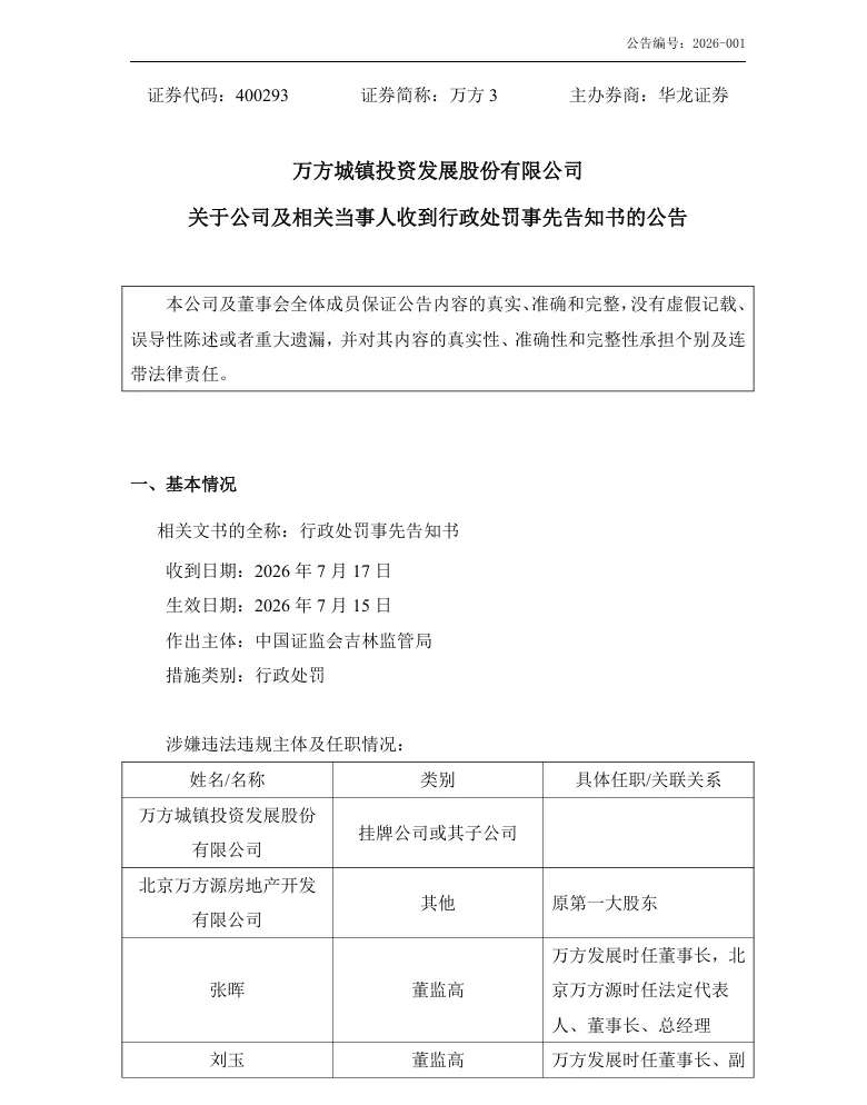 【处罚事先告知】万方发展收到《行政处罚事先告知书》的公告（2026/7/17）