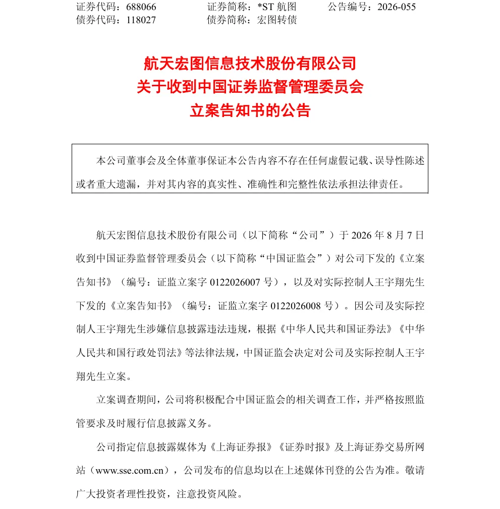 【立案】*ST航图收到中国证监会立案告知书的公告（2026/8/8）