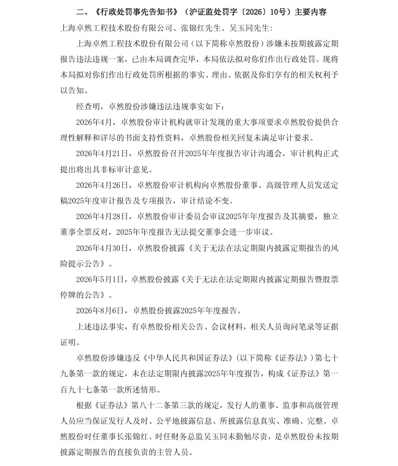 【处罚事先告知】*ST卓然收到《行政处罚事先告知书》的公告（2026/9/12）