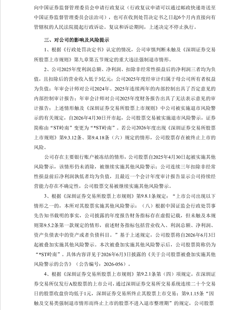 【正式处罚】*ST岭南收到《行政处罚决定书》的公告（2026/9/19）